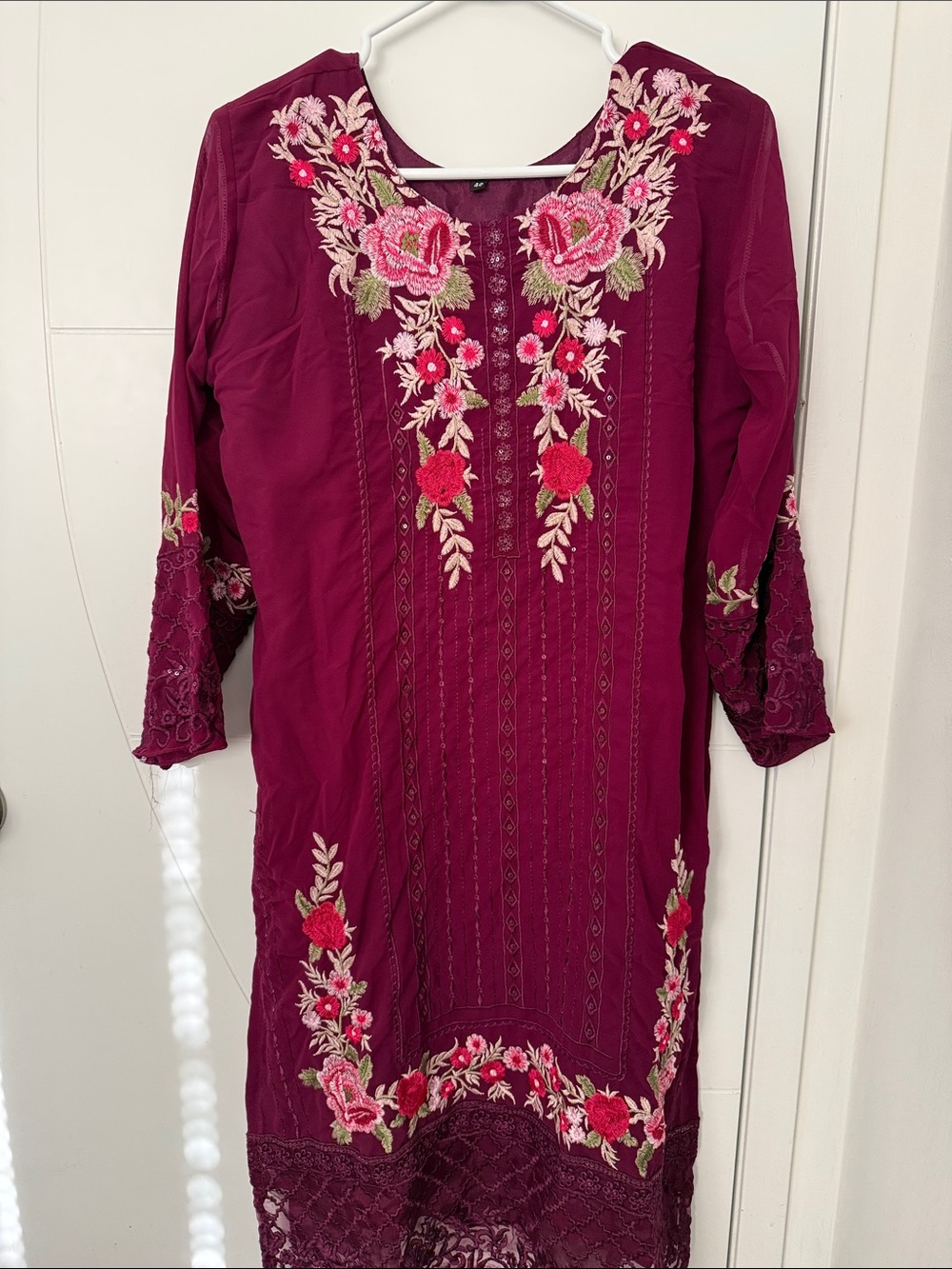 Embroidered Burgundy Floral Pant Indian Suit